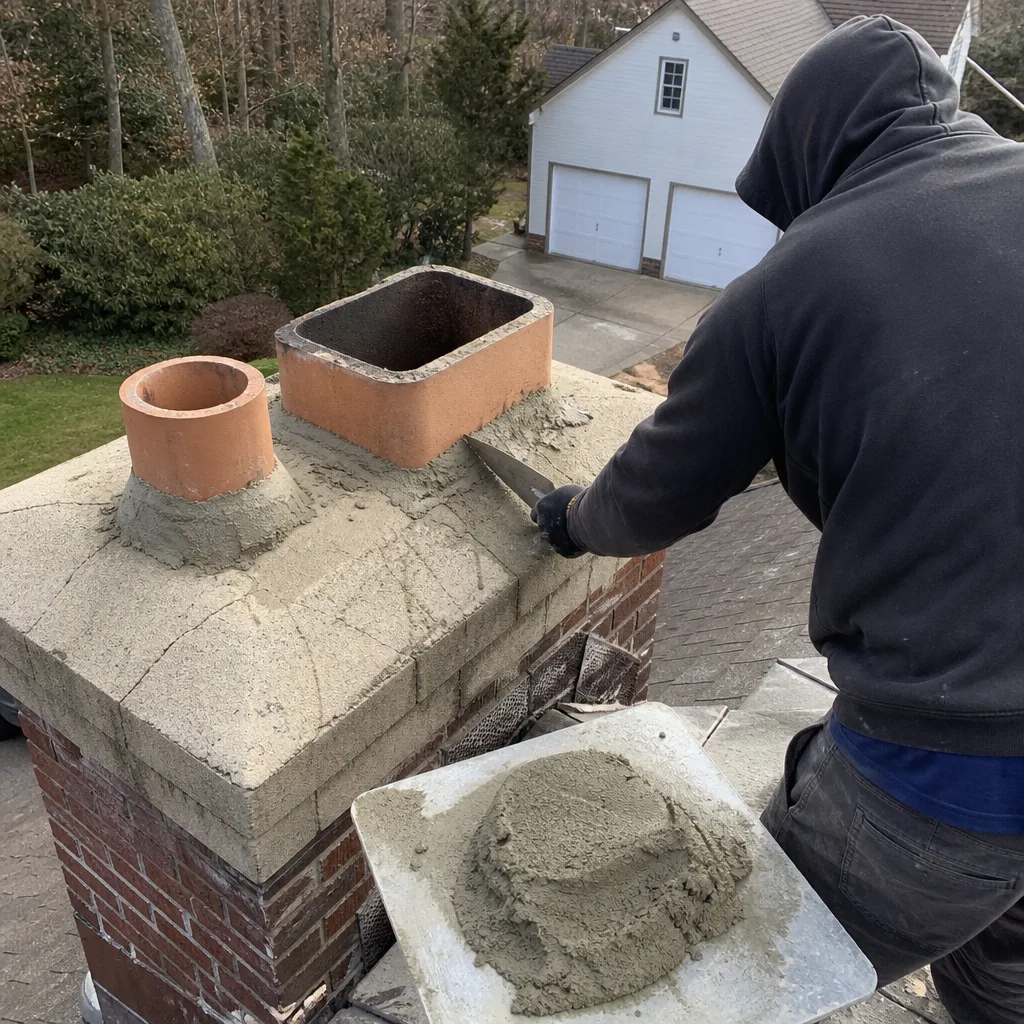 Professional contractor repairing a damaged brick chimney crown with mortar.