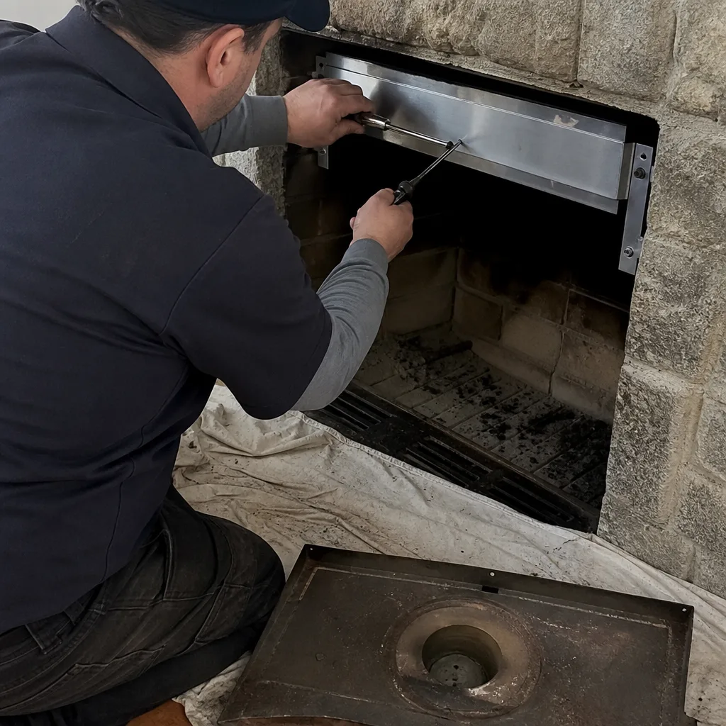 Technician installing a fireplace damper for chimney maintenance services