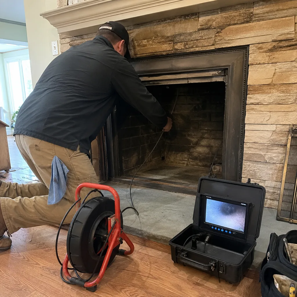 Technician performing a professional fireplace chimney inspection with camera equipment