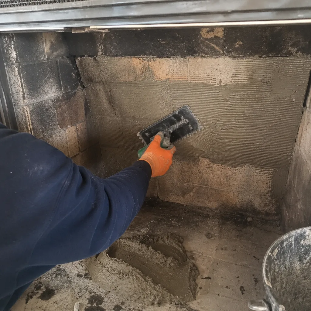 Tradesperson applying mortar to a fireplace wall with a trowel