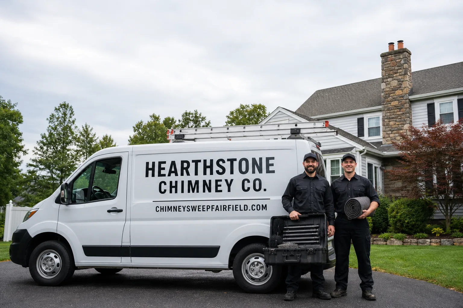 Hearthstone Chimney Co. chimney cleaning service vehicle and crew in Fairfield, CT
